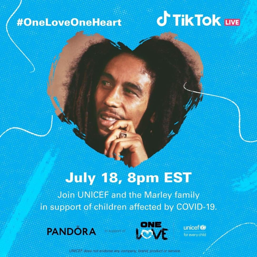 unicefさんのインスタグラム写真 - (unicefInstagram)「Join the Marley family LIVE on UNICEF's TikTok at 8pm EST to celebrate the re-release of @bobmarley’s classic #OneLoveOneHeart in support of children most affected by COVID-19.  Double the love by tapping the link in our bio. Thanks to @theofficialpandora every donation will be matched, up to $1M.」7月18日 13時15分 - unicef