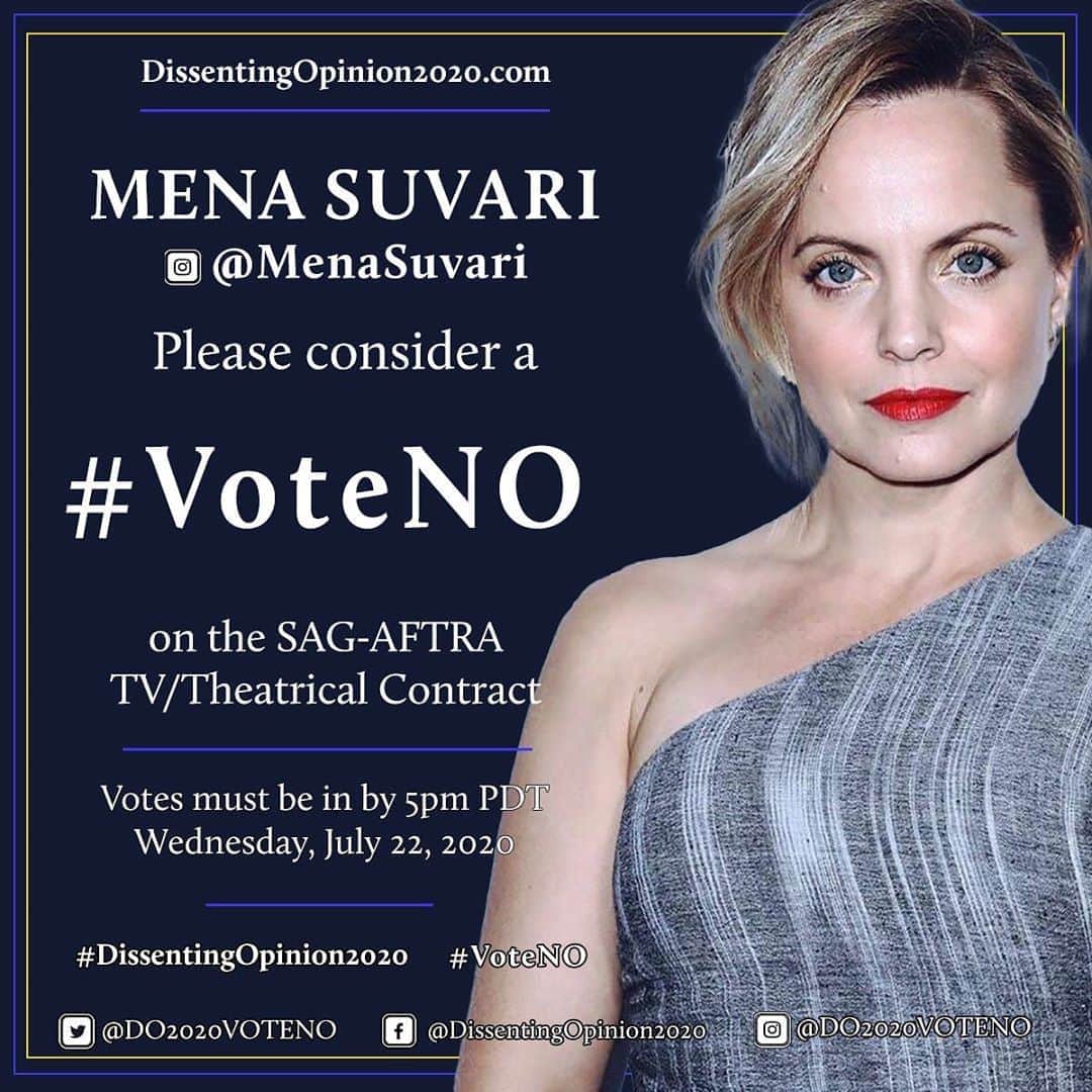 ミーナ・スヴァーリのインスタグラム：「This is unacceptable. We can do better. Our artists deserve transparency and support. Vote NO.   Visit: @do2020voteno to learn more ✊🏼  #DissentingOpinion2020 DissentingOpinion2020.com  #VoteNO ✅ is my choice.  #SAGaftra @sagaftra」
