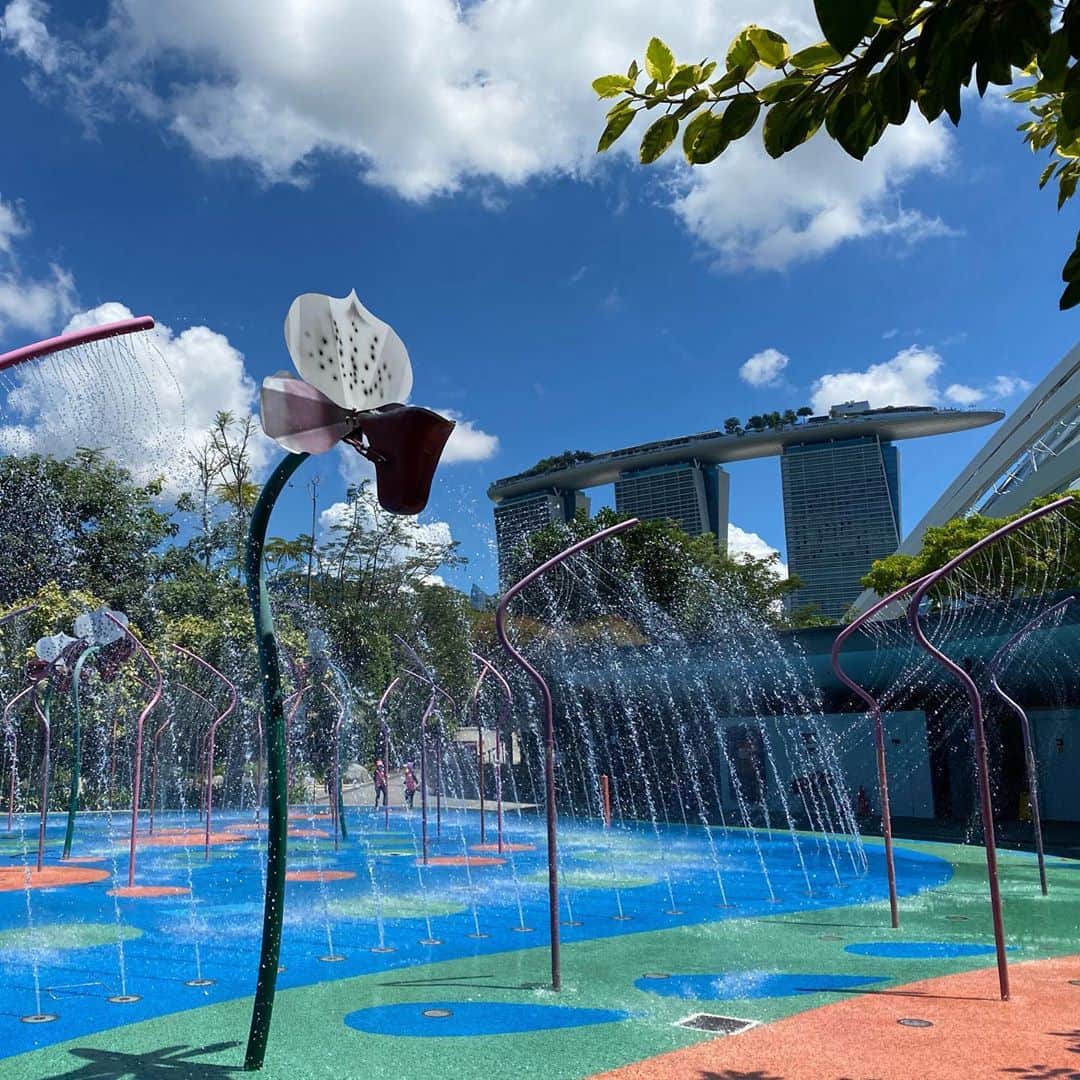 のインスタグラム：「・ Gardens by the bay のChildren’s Gardenへ。 ・ 小さい子向けのゾーンはまだ再開してなくて、水の勢いが激しいゾーンに挑戦❣️ ・ するも、おろすと嫌がり、終始抱っこで歩き回り、ママがヘトヘト🤣 ・ でも楽しかったらしく、また来る？と聞くとうなずいていました👶笑 ・ 次回は自分で歩いて遊んでくれたら嬉しいなぁ🙏 ・ ・ #childrensgarden #チルドレンズガーデン #childrensgardenbythebay #シンガポール生活」