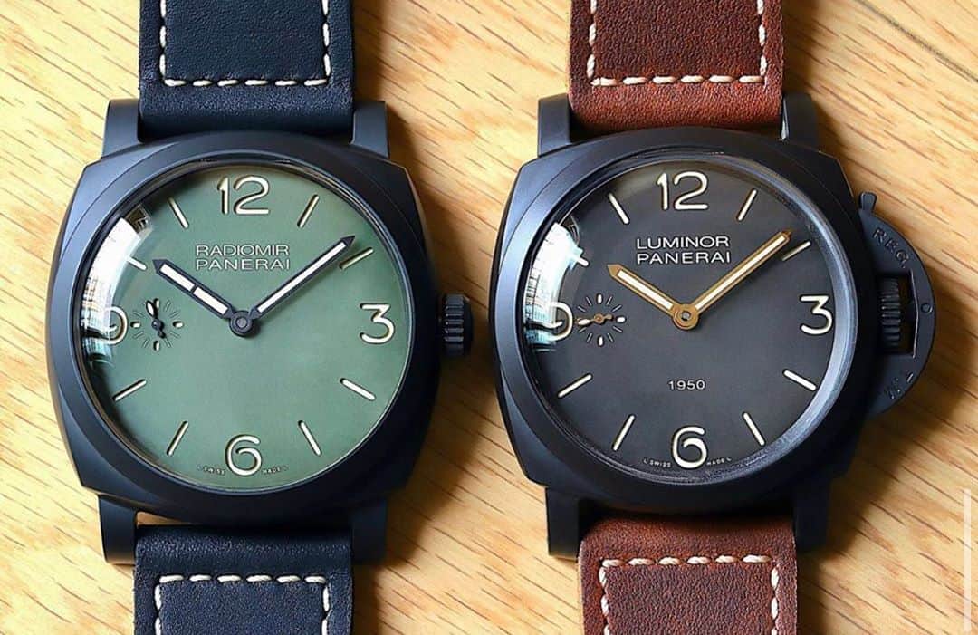 パネライのインスタグラム：「Take your pick! 👈 #Panerai #PAM997 Ceramic Radiomir Green Dial or 👉 #PAM375 Composite Luminor 1950 with Gold Hands.  Pic by @peterloveone #paneraicentral」