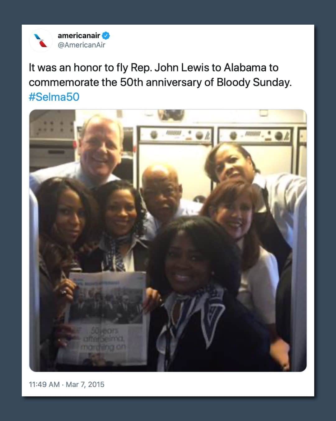 アメリカン航空のインスタグラム：「Our country has lost a true crusader for civil rights, equity and justice. Rep. John Lewis’ legacy will endure. Our condolences to Rep. John Lewis’ family, friends and colleagues.」