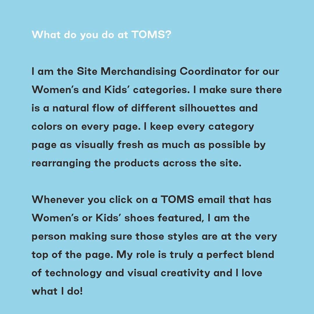 トムズシューズさんのインスタグラム写真 - (トムズシューズInstagram)「#TOMSBehindtheLogo: Meet Adriana from our Merchandising Team and find out which pair of TOMS she's spending her summer in.」7月19日 2時32分 - toms