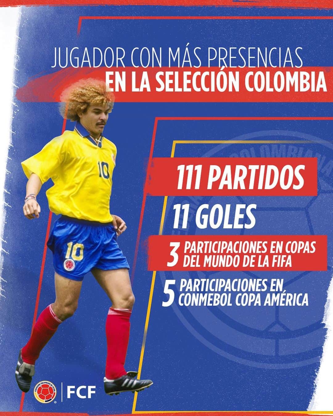 サッカー コロンビア代表チームのインスタグラム：「¿Sabes quién es el jugador con más presencias vistiendo la camiseta de la tricolor 🇨🇴?  Descubre estos datos de nuestro histórico 🔟  @pibevalderramap 👉🏼🧙🔥」