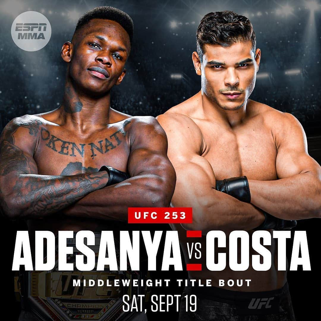 espnさんのインスタグラム写真 - (espnInstagram)「Israel Adesanya will defend his 185-pound title versus Paulo Costa on Sept. 19, @arielhelwani confirmed, first reported by Combate. @espnmma」7月19日 7時23分 - espn