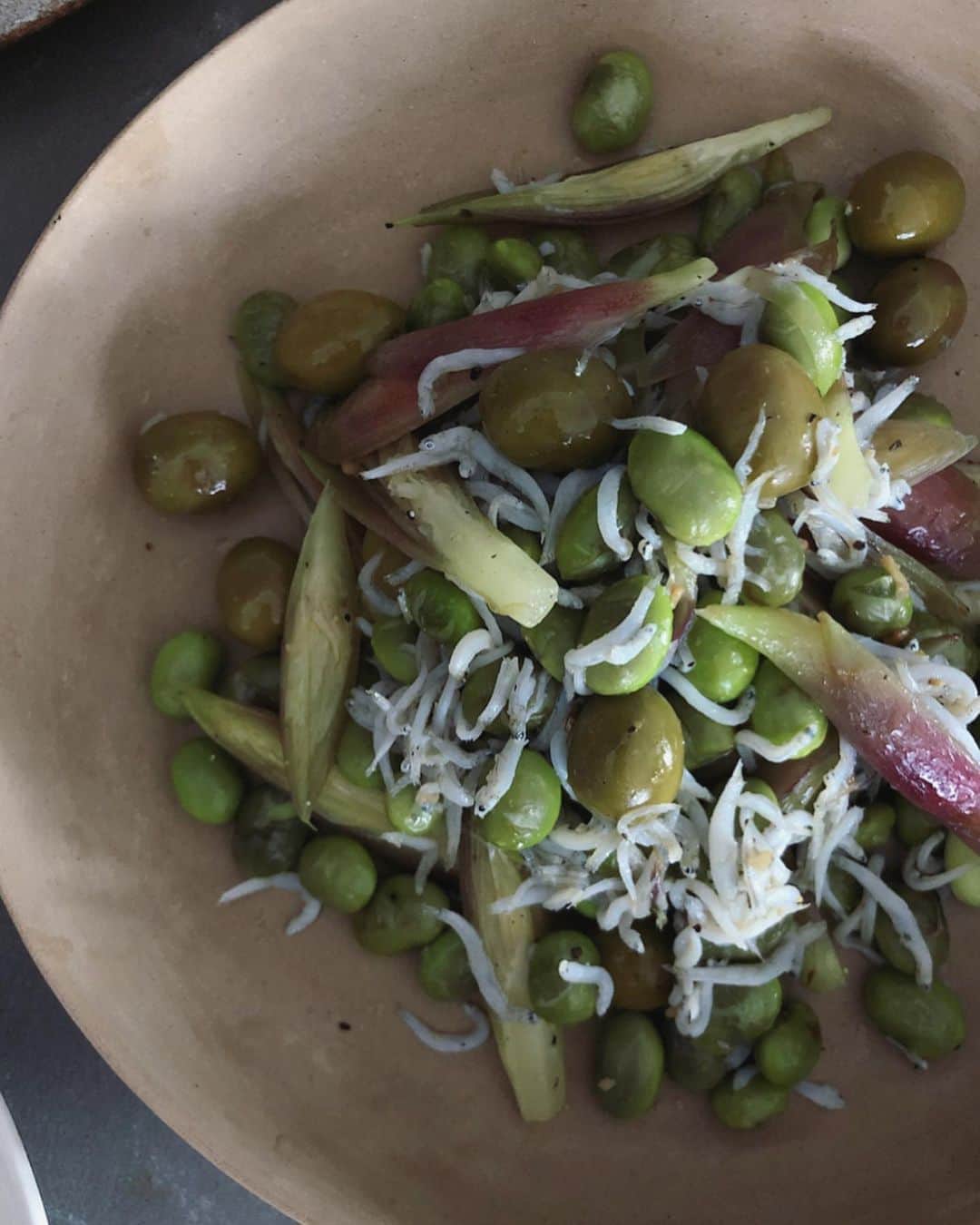 真藤舞衣子さんのインスタグラム写真 - (真藤舞衣子Instagram)「帆立とトレヴィスのサラダとしらすと枝豆、みょうが、オリーブのホットサラダ。 ほろ苦い野菜が好きです。  #発酵美人になりませう #美味しい発酵食生活  #塩糀　#ビネガー #粒マスタード　#olive」8月17日 16時37分 - maikodeluxe