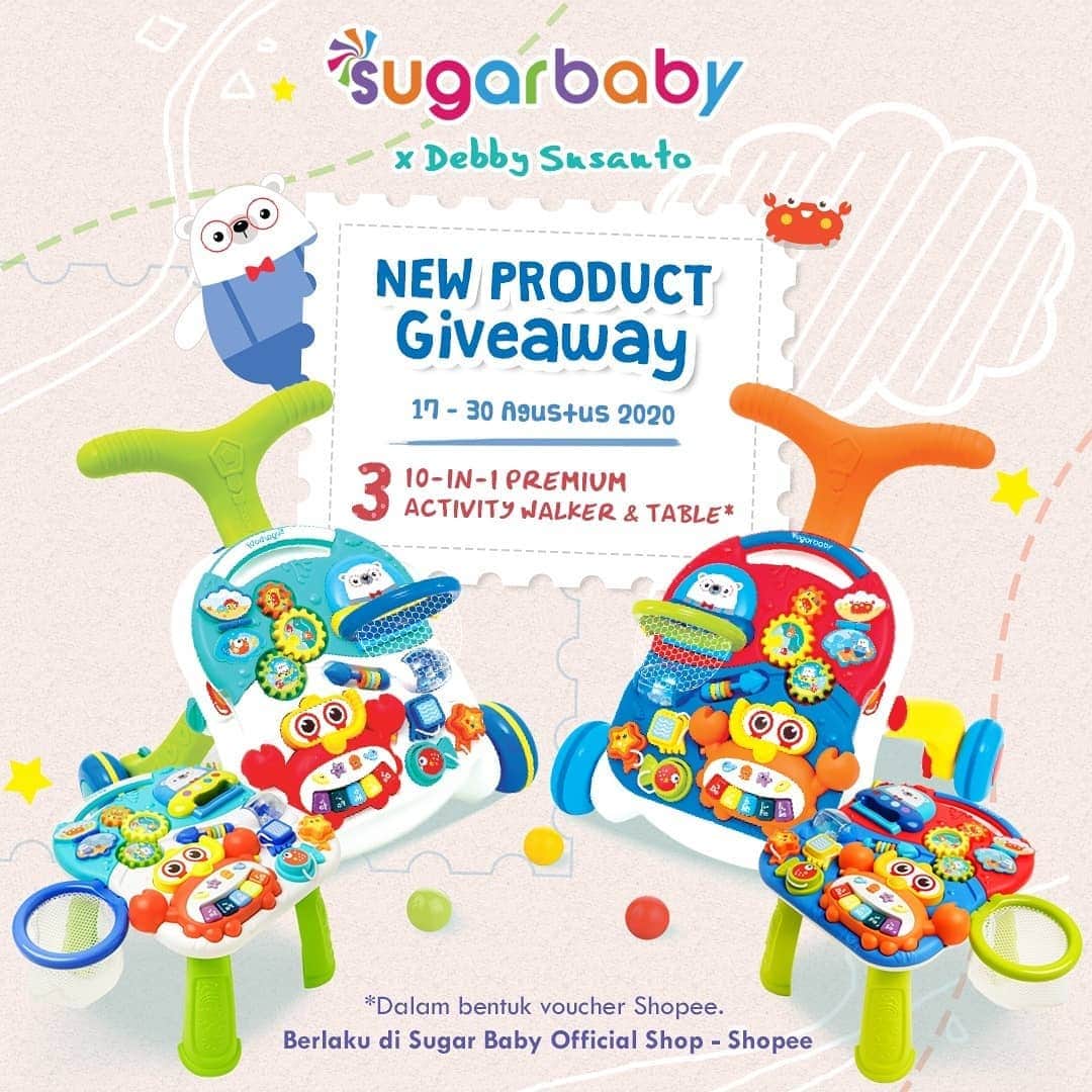 デビー・スサントのインスタグラム：「Siapa mau Baby Walker seperti dipakai Mikha ? Aku mau berbagi hadiah buat followers setiaku. Giveaway hadiahnya : 3 Voucher belanja dari @sugarbaby.co.id masing-masing sebesar @Rp350.000. Total hadiah Rp1.050.000,- untuk 3 pemenang ❤ . Ini Walker Terbaru dari Sugar Baby yaa, Bagus banget utk membantu anak-anak yang sedang belajar jalan. Bisa dijadiin meja buat bermain, bakal kepakai jangka panjang yaa sampai anak udah gede. Mainannya edukatif banget ada musik dan ada pengunci di rodanya ✅ ✅ Tiang roda belakang bs dikasih pemberat (air) ✅ Bahannya bagus tebal tidak mudah retak ✅ Sudah SNI dan tersertifikasi standard keamanan Eropa EN71 🌈 . Yuk dapetin hadiahnya, Cara gampang banget: 🌸 Follow @sugarbaby.co.id dan @debbysusanto 🌸 Like, comment n mention minimal 3 teman contoh : mau Walker @ @ @ 🌸 1x komen aja, jangan lebih 🌸 Repost giveaway ini di IG story kamu yaa 🌸 Screenshoot IG Story kamu buat bukti untuk Claim hadiah jika menang nanti . 🔴 Periode Giveaway 17 Augustus - 5 september 2020 🔴 Pengumuman pemenang tgl 6 september 2020 di IG story aku yaa @debbysusanto 🔴 Voucher berlaku untuk pembelian produk Sugar Baby Premium Activity Walker & Table di Sugarbabyofficialshop - Shopee. . Good Luck & Have Fun!! ❤ #sugarbabyactivitywalkerGA」