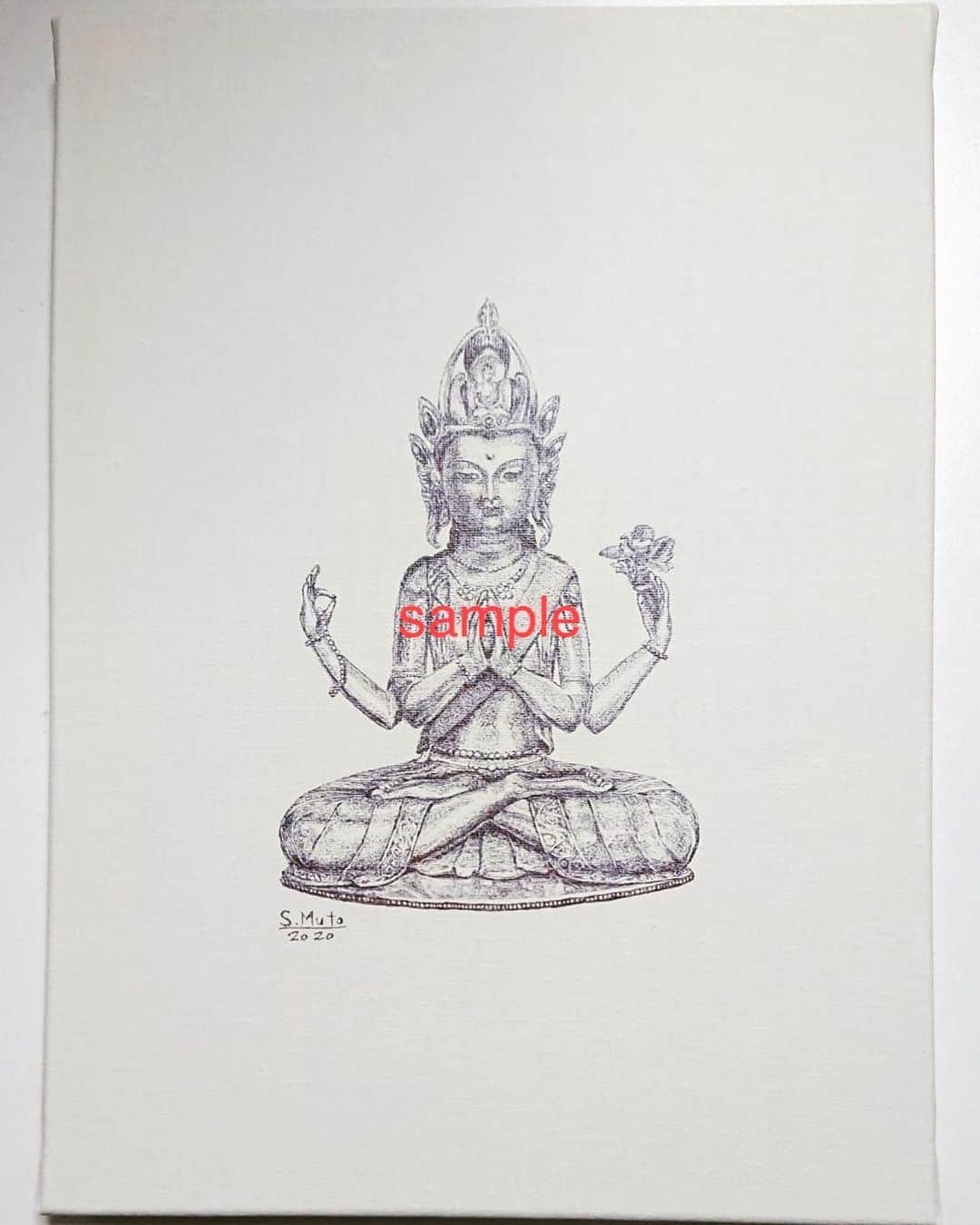 武藤昭平さんのインスタグラム写真 - (武藤昭平Instagram)「「オン・マニ・ペメ・フム」   チベット仏教においてこの四臂観音菩薩を崇拝する信仰で、マントラ「オン・マニ・ペメ・フム」と称えます。新型コロナウィルスによる混乱の終息を祈って描きました。  BAZRAの井上鉄平君からお誘いを頂き、ライブハウス支援のチャリティーTシャツの為に描き下ろした。原画は売却、サンゾンにてキャンバス・プリントを受付中。8/24までです。  https://sanzon.theshop.jp/  #武藤昭平 #syoheimuto #サンゾンギャラリー #sanzongallery」8月13日 12時45分 - syoheimuto