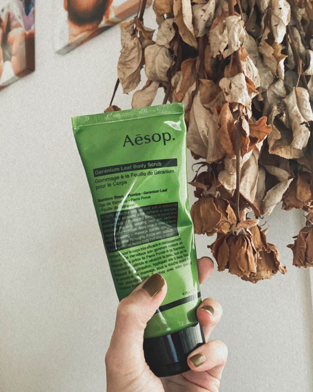平山奈美のインスタグラム：「@aesopskincare のスクラブ初めて使ったけどすごくよかった🥀から早速オススメスル  @fumisuganaga.hm ありがとう💚🤎  . #スキンケア #スクラブ #イソップ #ボディーケア #お手入れ #scrub #aesop #skincare」