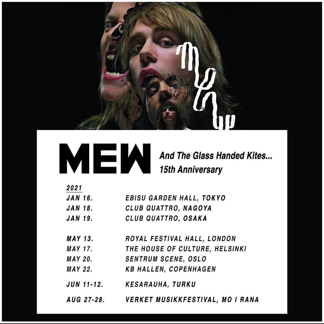 のインスタグラム：「London • Helsinki • Oslo • Copenhagen • We have moved our 'And The Glass Handed Kites' anniversary shows to May 2021. The decision has been made to ensure everyone's health and safety takes priority during these difficult times. • Original tickets are valid for the new dates. • Keep safe and well, Mew.」