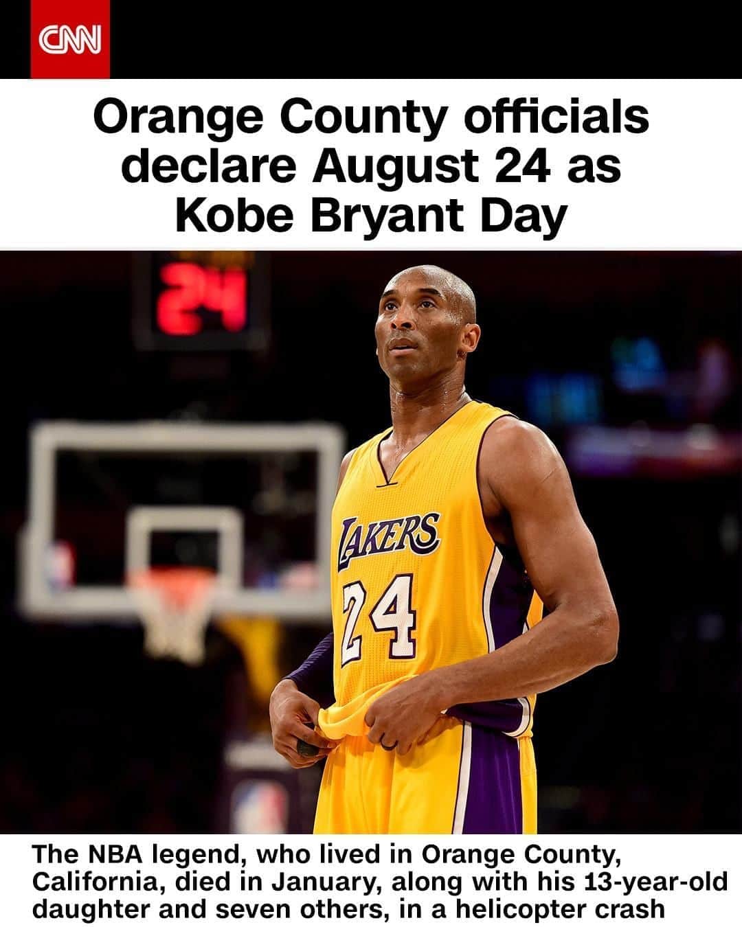 CNNさんのインスタグラム写真 - (CNNInstagram)「Orange County's Board of Supervisors voted unanimously on Tuesday to declare August 24 as Kobe Bryant Day. Bryant wore the numbers 8 and 24 during his NBA career, which is why August 24 was chosen as the date to commemorate Bryant, said Board of Supervisors Chairwoman Michelle Steel. Bryant, who lived in Newport Beach in Orange County, his 13-year-old daughter, Gianna, and seven others died on January 26, in a tragic helicopter crash. "A treasured member of our Orange County community, Kobe Bryant was the basketball legend that inspired so many young men and women to pursue their dreams and never give up," Steel said. (📸: Harry How/Getty Images)」8月14日 5時01分 - cnn