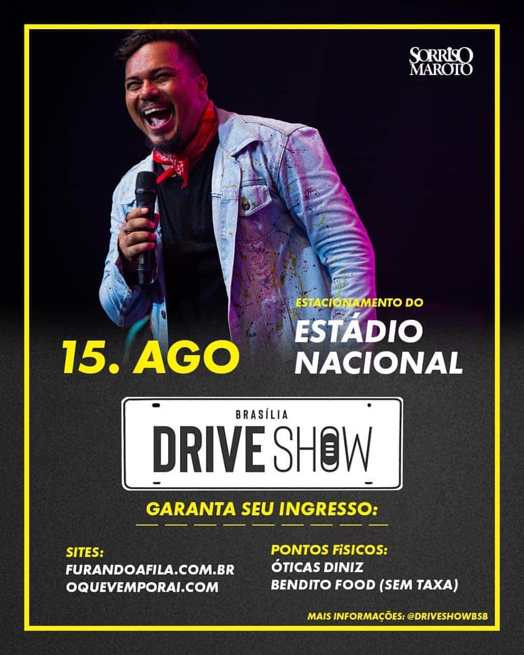 Sorriso Marotoのインスタグラム：「Contagem regressiva, Brasília! Neste sábado a gente se vê no @driveshowbsb com um super show ao vivo e presencial! 😀 Bora matar a saudade e cantar vários pagodinho? Garanta já seu ingresso!  🎫 Ingressos: Sites: furandoafila.com.br e oquevemporai.com Pontos físicos: Óticas Diniz e Bendito Food (SEM TAXA)  #driveshow #driveshowbsb #drivein #brasilia #sorrisomaroto」