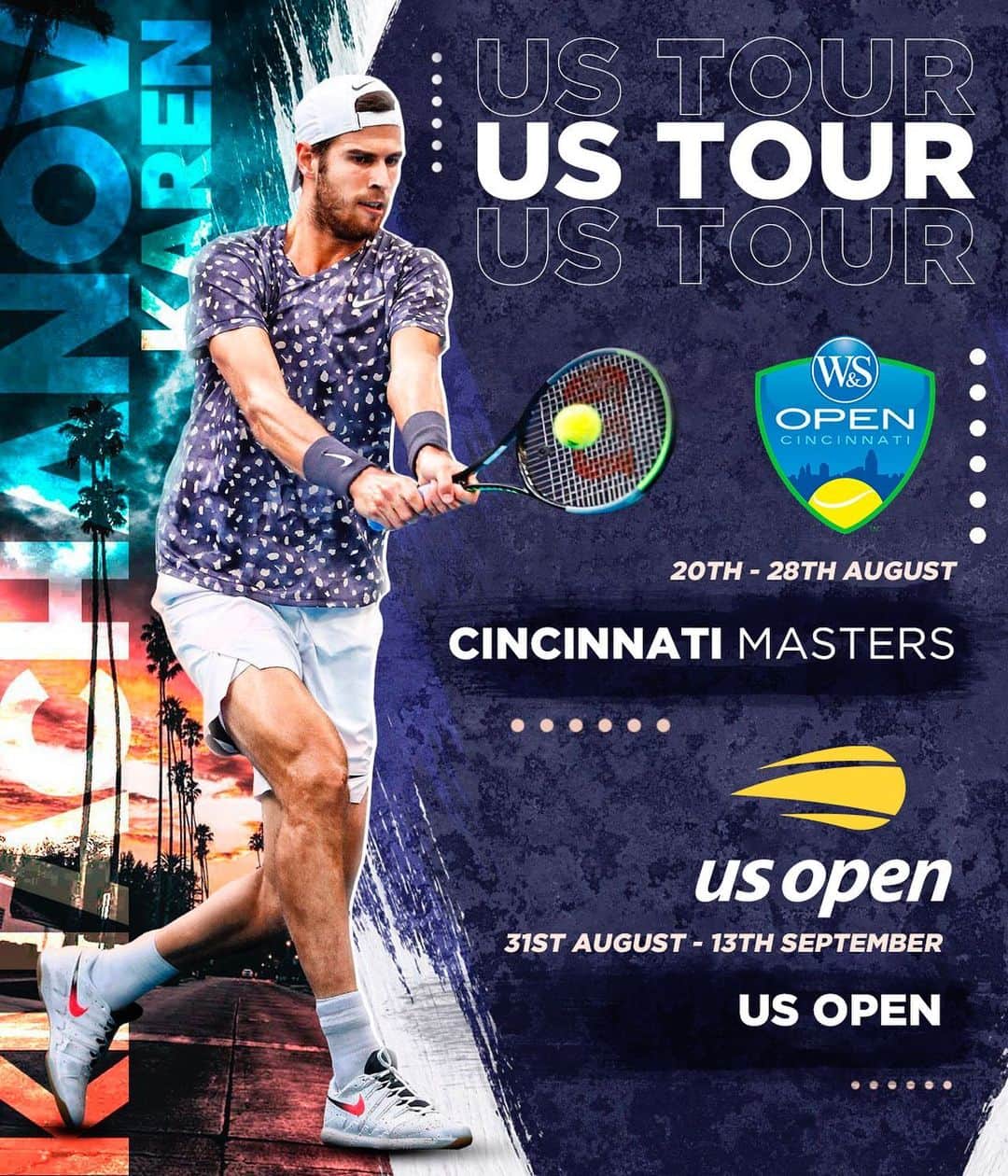 カレン・ハチャノフのインスタグラム：「I am finally happy to confirm that I will take part in @cincytennis and @usopen. This decision was not easy to make, but together with my team we decided to go with taking in consideration the risks. I know that COVID-19 is not gone yet and some countries are still struggling with the virus. But I am excited to finally come back to competition and playing the game that I love.  All my respect to the organisers, ATP and USTA. They are doing everything for tennis to come back!  I’m sure it will be a success. See you soon in NY🇺🇸  🎾🎾🎾  Рад сообщить, что сыграю в американском туре на @cincytennis и @USOpen. Это решение мы приняли вместе с командой, осознавая всю ответственность и возможные риски. Понимаю, что вирус никуда не делся, а в некоторых странах сохраняется тяжелая ситуация, но я спустя 5 месяцев возвращаюсь к соревнованиям.  Спасибо организаторам турниров, которые делают всё возможное для возвращения тенниса. Уверен, у нас всё получится и всё пройдёт успешно и безопасно!  Все мы ужасно соскучились по теннису, так что увидимся в Нью-Йорке😉🇺🇸」