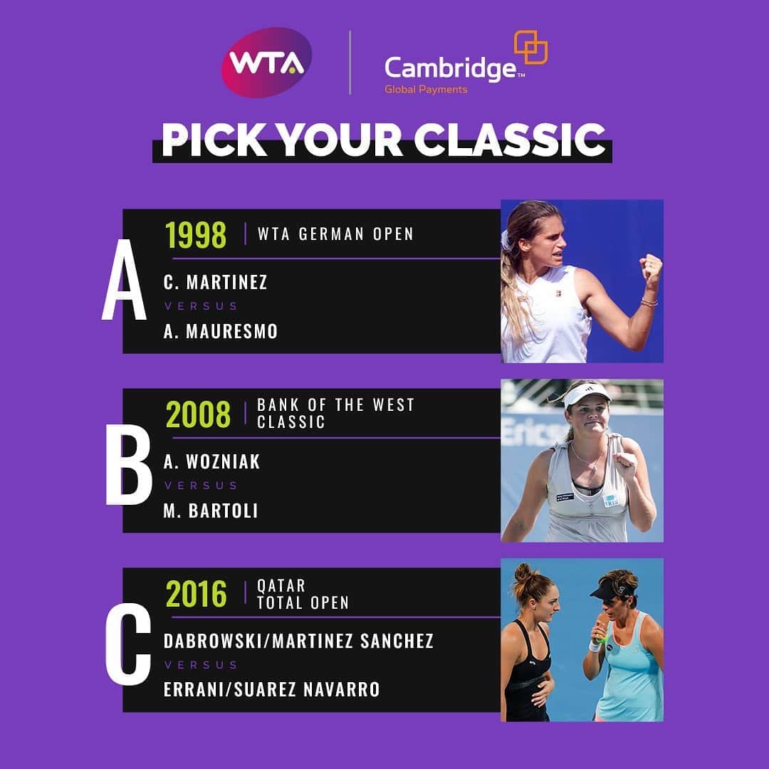 WTA（女子テニス協会）さんのインスタグラム写真 - (WTA（女子テニス協会）Instagram)「📺 Pick your favorite match and watch it on our YouTube channel and Facebook page this Saturday August 15th, at 10am ET/3pm BST. 🍿 Presented by Cambridge Global Payments. What’s your pick this week?🤔」8月13日 22時31分 - wta