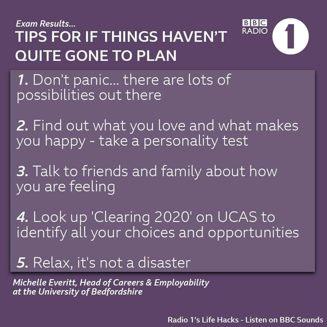 BBC Radioさんのインスタグラム写真 - (BBC RadioInstagram)「Some handy tips to remember today in case things haven't quite gone how you imagined 💜⁣ @uniofbeds  ⁣ Listen to our Life Hacks exam special, talking through your results and the options you have from here, this Sunday from 3pm on Radio 1」8月13日 23時00分 - bbcradio1