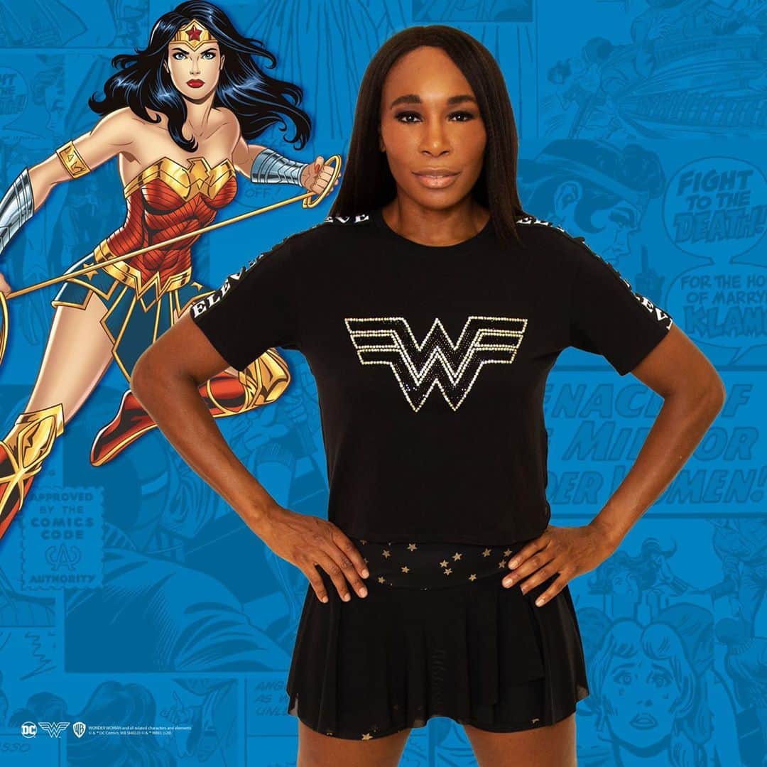 のインスタグラム：「Inspired by strong, fierce women who are both competitive and compassionate, I designed the NEW Wonder Woman @dccomics x @elevenbyvenus capsule collection because every woman should feel like Wonder Woman 💥 Shop our limited edition collection @ link in my bio」