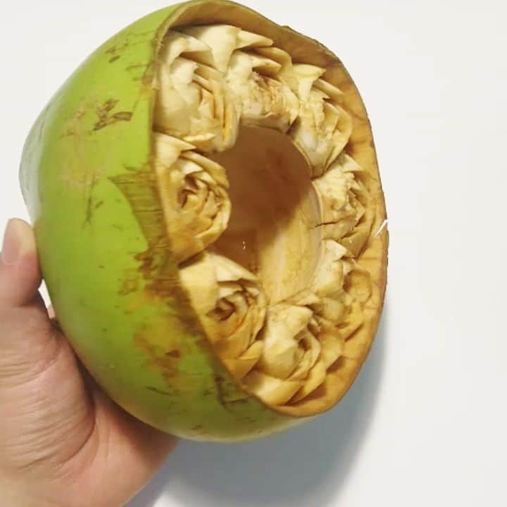 gakuのインスタグラム：「🌴Palm fruit ヤシの実見つけてやってみたけど硬い 灰汁のまわりが早い でも、なんとかなりそう リベンジしたい  #フルーツカービング#palmfruit #ヤシの実 #carving#fruitcarving#fruit  #野菜アート #野菜彫刻 #果物アート  #果物彫刻」