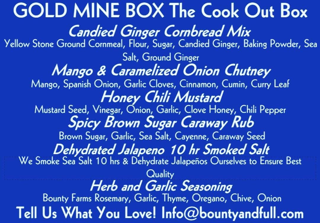 ケリスのインスタグラム：「This weeks Gold mine box is the cook out ! ARE YOU READY ? Going on sale at 10am pst . DONT MISS IT ! Turn your notifications on guys . #farm #cheflife #foodies #goldmine #sale #bipoc #buyblack #quarantine #fresh #cookathome #cornbread #spice #delicious LINK IN BIO」