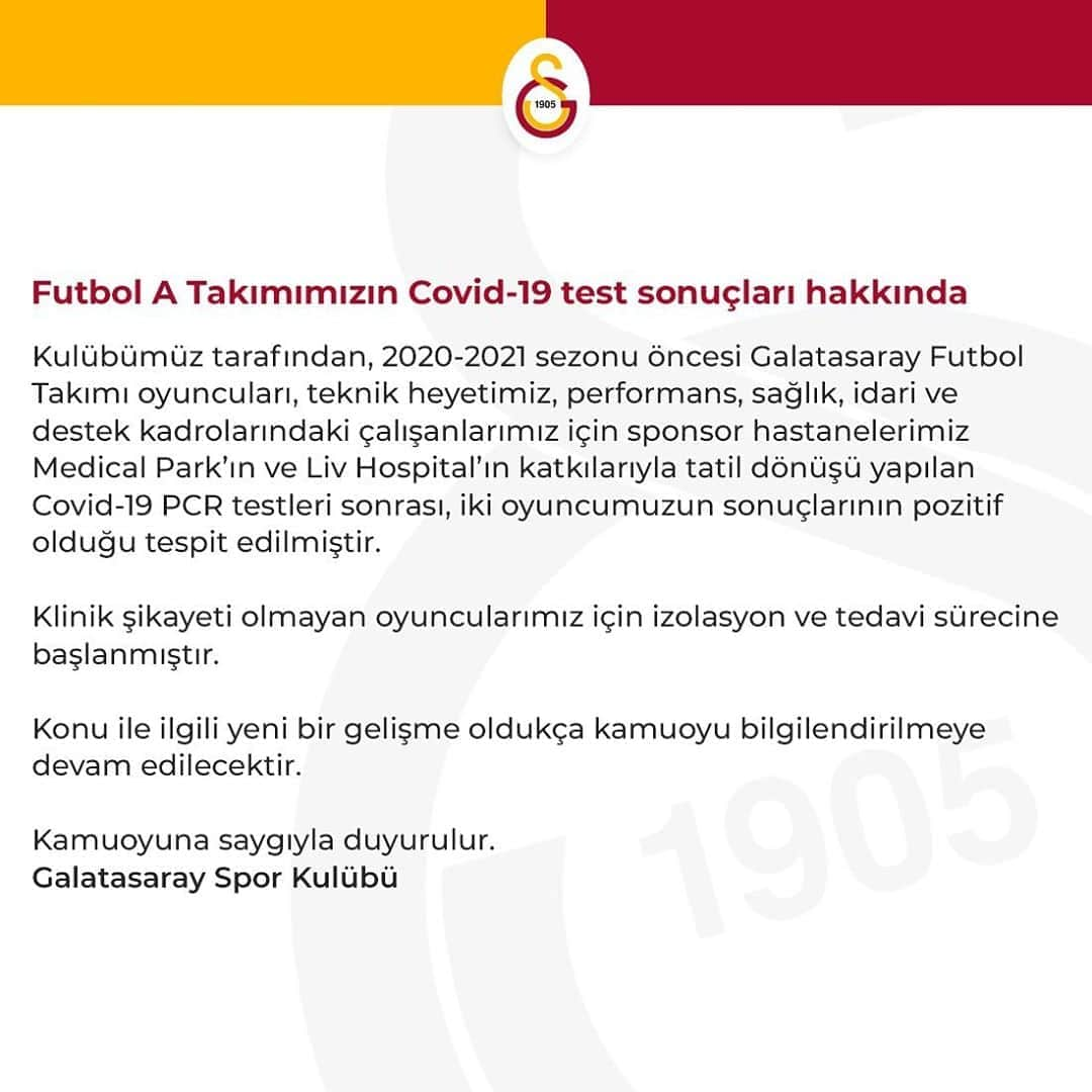 ガラタサライSKさんのインスタグラム写真 - (ガラタサライSKInstagram)「Futbol A Takımımızın Covid-19 test sonuçları hakkında」8月14日 18時55分 - galatasaray