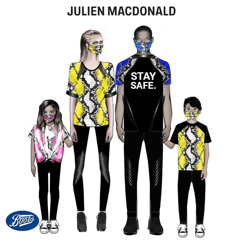 ジュリアンマクドナルドのインスタグラム：「I am happy to announce that my custom Family Face Coverings are now available at @bootsuk! With three exclusive #JULIENMACDONALD Snake Print colours, now the whole family can be safe whilst being fashionable and sustainable.  You can find these adult and children’s masks exclusively at @bootsuk online and in-store.  These Reusable masks are a joint collaboration with @BritishFashionCouncil, with 100% of profits going to charities.  @bagsofethics #AMaterialDifference」