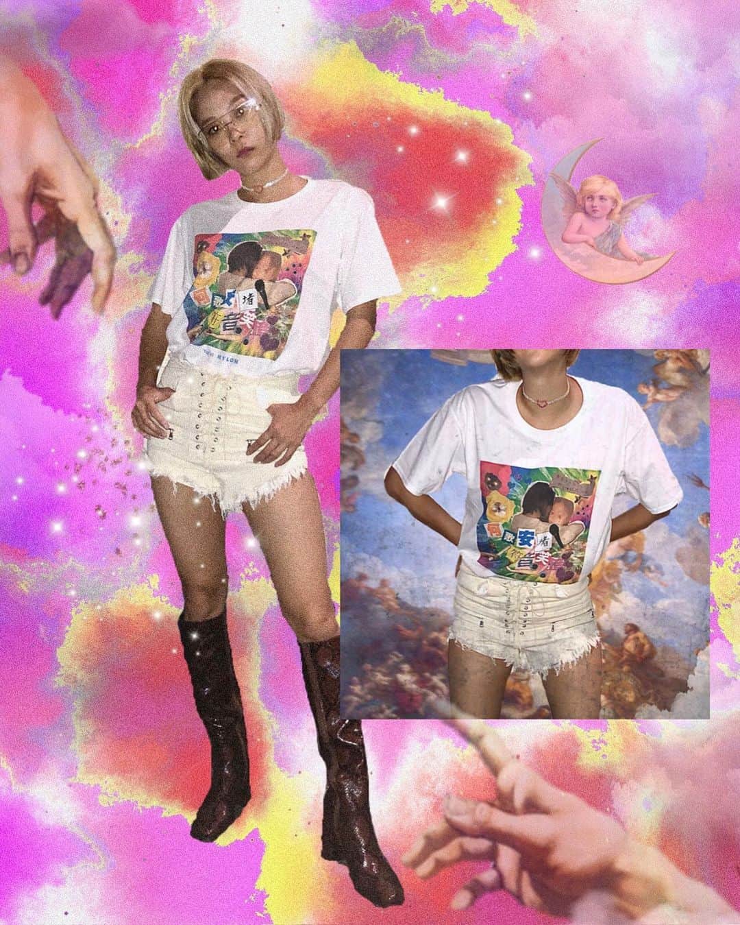 Yup’inのインスタグラム：「@nylonjapan さんとのコラボTシャツ届いたよ〜、の報告、みんなありがとう！ 自分のコラージュ作品がグッズになるのも初めてなので、とっても嬉しい🥰色んな着こなしで、沢山遊んでね〜！！👕#nowandforever #nylonjapan #nylon #コラボtシャツ」