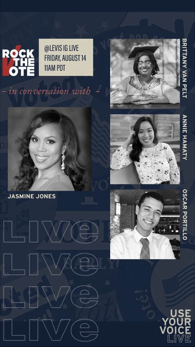 のインスタグラム：「USE YOUR VOICE LIVE with @rockthevote. In conversation with @jasmine_a_jones, Rock the Vote’s Organizing Director, @anniehamaty, Michigan State Ambassador for Rock the Vote, @_britvp, North Carolina Rock the Vote Ambassador, and @oscarportillomeza, Florida State Coordinator for Rock the Vote’s Ambassador Program – discussing  voter registration, safely accessing the polls during COVID-19 and all the ways you can make your voice count this fall.」