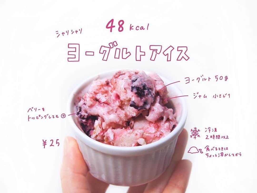 Locariのインスタグラム：「＼今日のおやつはこれに決まり／﻿ 材料2品で48kcalヨーグルトアイス🍨﻿ ﻿ 本日は @__mo_chi さんの投稿をご紹介します✎﻿ ㅤㅤㅤㅤㅤㅤㅤㅤㅤㅤㅤㅤㅤ﻿ 深夜に食べてもおやつに食べても﻿ 罪悪感なしの小さめヨーグルトアイスです🍨﻿ ヨーグルトの爽やかな味わいが今の時期にぴったり🌺﻿ ㅤㅤㅤㅤㅤㅤㅤㅤㅤㅤㅤㅤㅤ﻿ 〈作り方〉﻿ ①冷凍OKな容器に﻿ ・ヨーグルト50g﻿ ・ジャム小さじ1（砂糖でもOK）﻿ を入れて2時間以上冷凍﻿ ②取り出して﻿ ちょっと溶かしてから食べる﻿ ㅤㅤㅤㅤㅤㅤㅤㅤㅤㅤㅤㅤㅤ﻿ カッチカチに固まるので﻿ 冷凍庫からしばらく（10~20分くらい？）出して﻿ しゃりしゃり感と﻿ 溶けたところのとろっとした食感を﻿ 楽しんでください。﻿ ㅤㅤㅤㅤㅤㅤㅤㅤㅤㅤㅤㅤㅤ﻿ 写真では業務スーパーの冷凍チェリーミックスを追加しています。﻿ ㅤㅤㅤㅤㅤㅤㅤㅤㅤㅤㅤㅤㅤ﻿ ギリシャヨーグルトを使うと濃厚さが増すようです👀﻿ (フォロワーさん情報)  #自炊 #一人暮らしご飯 #クッキングラム #一人暮らし #ズボラ飯 #自炊部 #自炊女子 #節約ごはん #節約レシピ #おうちごはん #食べて痩せる #ダイエットメニュー #ダイエットレシピ #レシピスケッチ #おえかきレシピ　#おやつ #おやつタイム #おうち時間 #stayhome」