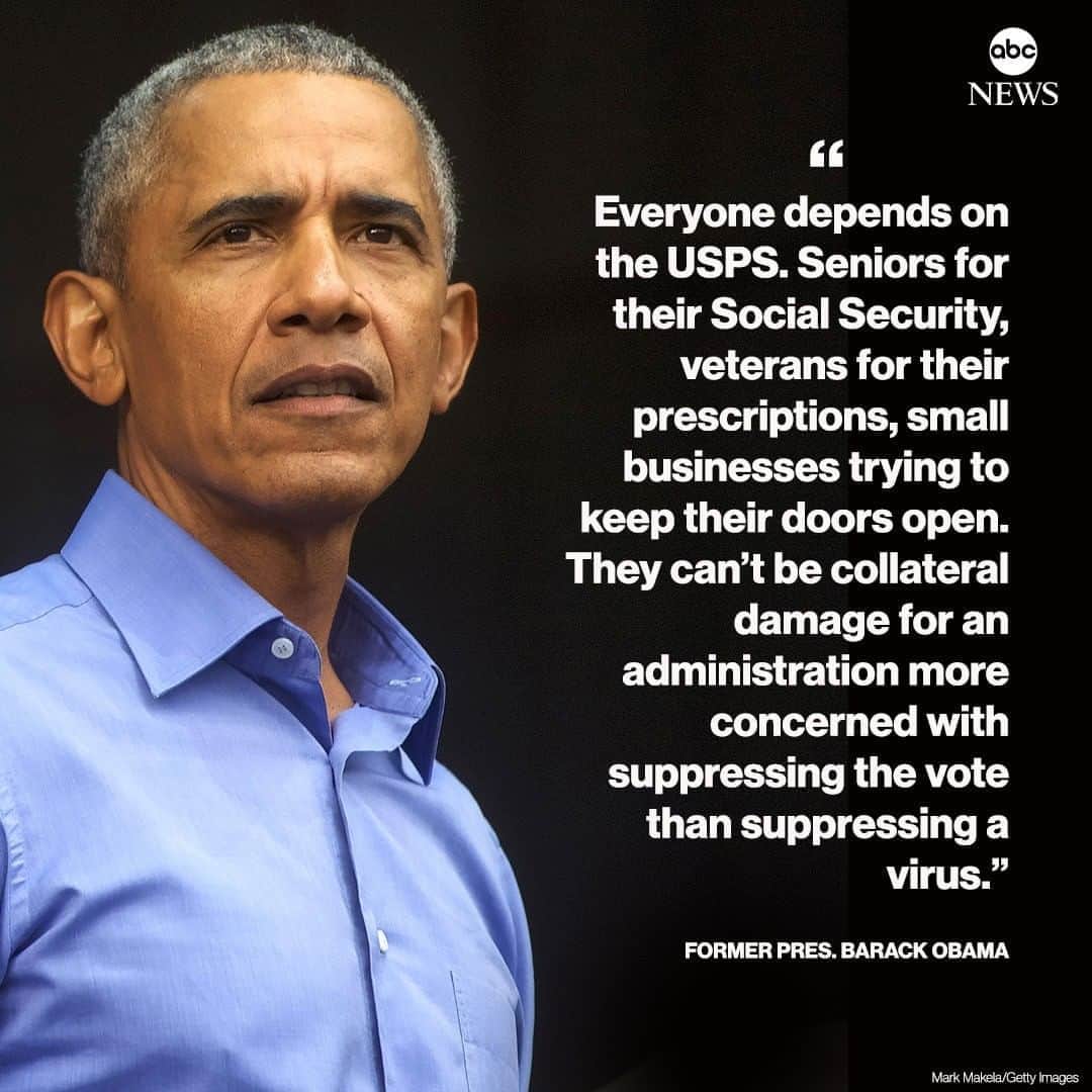 ABC Newsさんのインスタグラム写真 - (ABC NewsInstagram)「NEW: Former Pres. Barack Obama criticizes Trump administration over U.S. Postal Service changes: "Everyone depends on the USPS...They can't be collateral damage for an administration more concerned with suppressing the vote than suppressing a virus." #barackobama #donaldtrump #usps #uspostalservice #election #voting #mailinballot」8月15日 0時43分 - abcnews