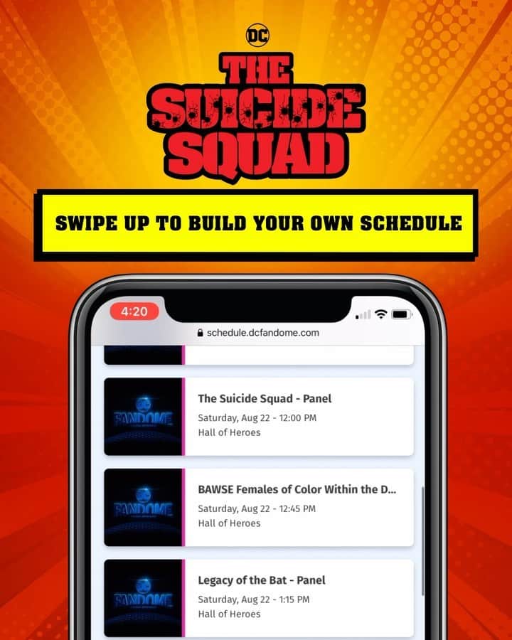 のインスタグラム：「The #DCFanDome schedule builder is here! Now you can plan out in advance what panels you don't want to miss on August 22! Be sure to click on “Hall of Heroes” to include #TheSuicideSquad Panel in your itinerary - and don’t forget to check out “FunVerse” to make your own Squad with the “Squad Creator”🔥Swipe up on our stories or visit: Schedule.DCFanDome.com」