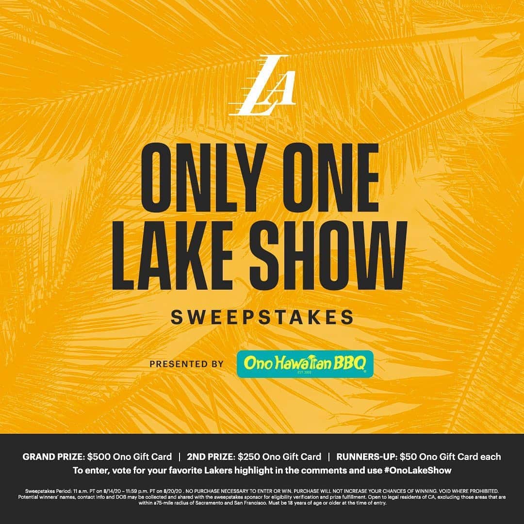 Los Angeles Lakersさんのインスタグラム写真 - (Los Angeles LakersInstagram)「There’s been plenty of action in Orlando, but which play has topped them all? To enter for a chance to win an @onohawaiianbbq Gift Card, use #OnoLakeShow and let us know your favorite. See Official Rules in bio for details.」8月15日 3時26分 - lakers