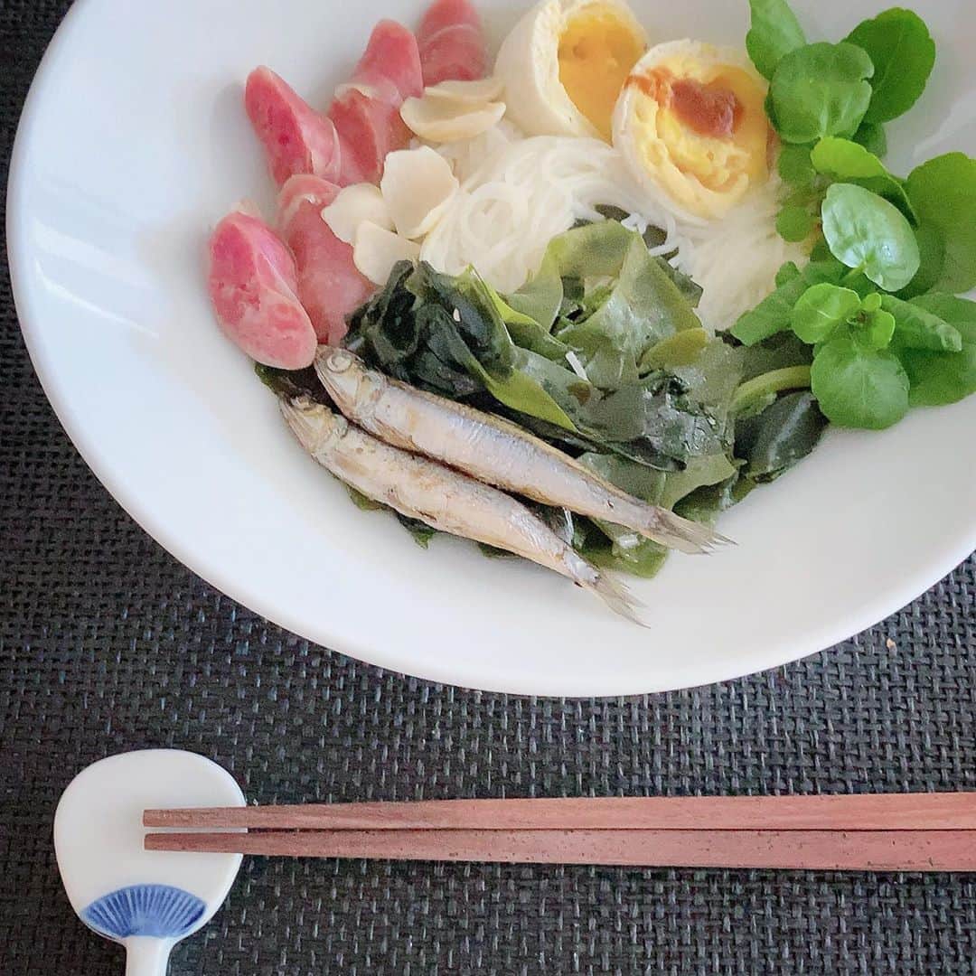 のインスタグラム：「ビーフンの冷やし中華風。  甘いタイチョリソーや百合根が割とよく合います。  団扇の箸置き、日本語で交流している私達にとっては「夏だからね〜」「料理屋さんはそろそろ紅葉とか使うよね」「それは10月じゃない? 9月の先取りは何だっけ？」と言うたわいのない、風流な話になりますが、日本やアジアの文化に馴染みのないない方からは卓球やビーチで遊ぶあのラケットと認識されました😂🏓  #裕木庵 #米粉 #ビーフン #夏ご飯 #おいしい」