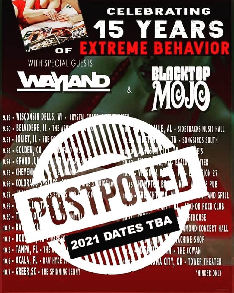 ヒンダーのインスタグラム：「🚨🚨🚨🚨  Well folks, it had to happen sooner or later - all of our upcoming dates for the 15th ANNIVERSARY EXTREME BEHAVIOR TOUR will be postponed until 2021. We're doing this in the spirit of giving you, our crew and ourselves the best possible gig experience and doing so as safely as possible! In the meantime, we have a TON of announcements and cool things coming soon 🤘🏼  For ticketing refunds and details please contact the venue, promoter or point of purchase. See ya next year!」