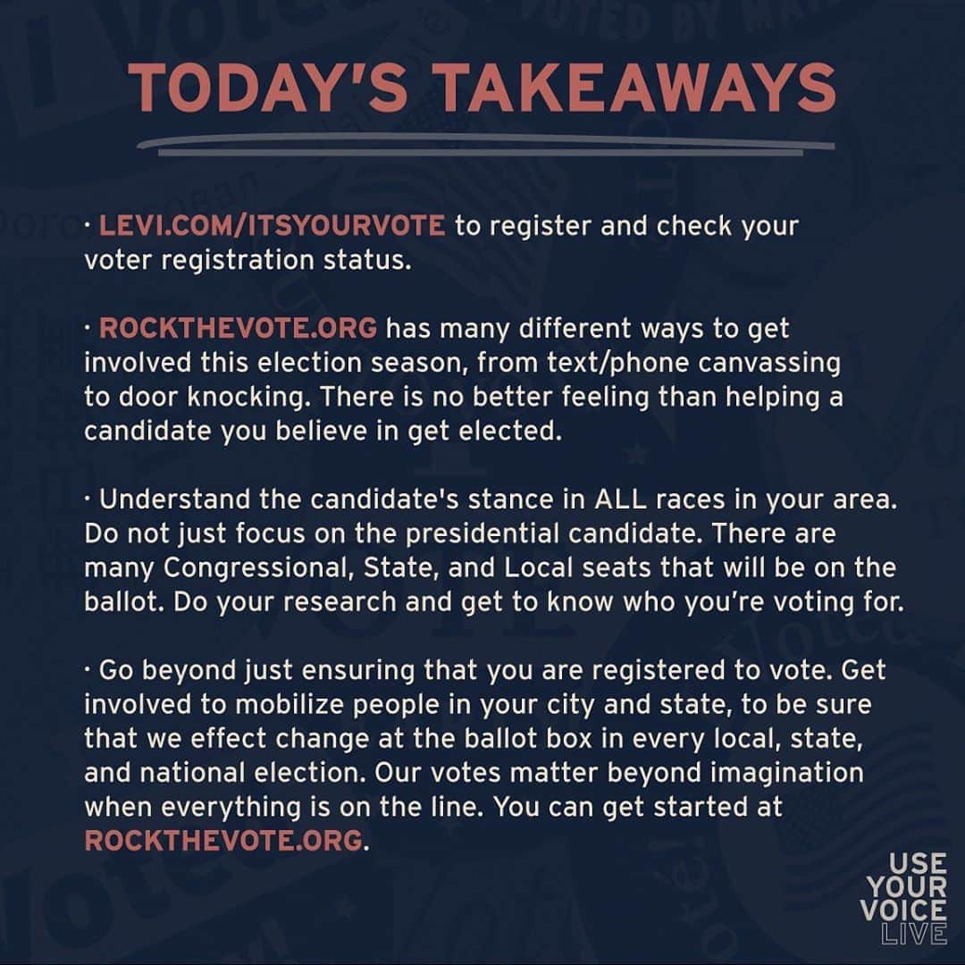 のインスタグラム：「Today’s Takeaways from our #UseYourVoice LIVE with @rockthevote. Tune in next week as we continue to go LIVE and make sure you have all the information you need to #VoteAboutIt on November 3rd.」
