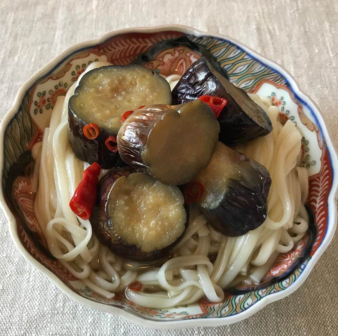 小谷あゆみのインスタグラム：「ここへ来て、よーーやく取れるかな❗️待ち望んでいたーー #なす休み  どひゃーーー\(//∇//)\ なすも休み休み言えーーい #ベジアナ 真夏の恒例ギャグでひんやり〜 #なすそうめん #なす冷やむぎ」