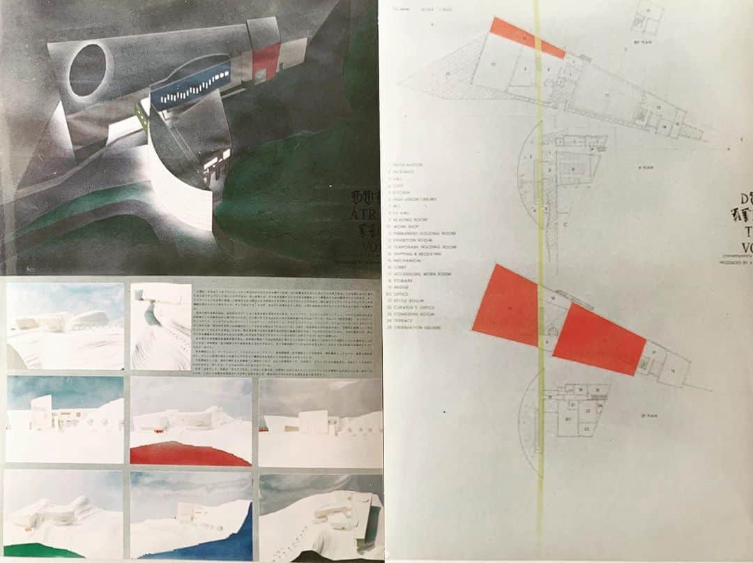のインスタグラム：「これは卒業設計（1995年）。 金御岳の山頂に計画した美術館。 ザ・ハコモノって感じで現実的な匂いが全くしないw 実際作ったら10億くらいしそう。。。 税金の無駄やなー。  山之口町の丘の上には200億の陸上競技場が出来よるけど。  夜のパースにしたのは当時ザハの表現にめっちゃ影響されてたから真似たのだろう。 エアブラシ、懐かしいなぁ。」