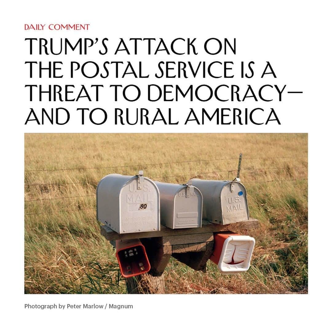 The New Yorkerさんのインスタグラム写真 - (The New YorkerInstagram)「“It’s by now pretty obvious that the Trump Administration is attempting to sabotage mail delivery in order to cast some kind of shadow over the November election,” Bill McKibben writes. “Behind that assault on a right guaranteed in our democracy, however, lurks something less immediate but almost as ugly: the long-standing G.O.P. effort to gut the Postal Service and replace it with a privatized entity.” At the link in our bio, read about the vital importance of the U.S.P.S., and what rural communities stand to lose if it is dismantled.」8月16日 3時30分 - newyorkermag
