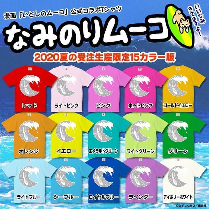 みずしな孝之のインスタグラム：「ムーコTシャツ夏の新作 「なみのりムーコ」できました。 青系が多めの15色販売します。 8/17(月)18時ころより悪意1000%で予約開始しますので どうぞよろしくお願いします！  ご予約は https://akui1000.com/?pid=152889151 もしくは「悪意1000％」でご検索ください。」