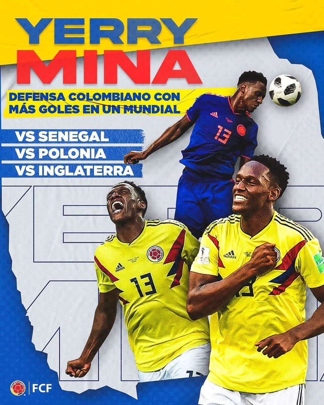 サッカー コロンビア代表チームのインスタグラム：「¿Sabes quién es el defensa colombiano con más goles en los Mundiales? ⚽🔥  Hoy recordamos las anotaciones de nuestro panita @yerrymina 🤙  ¡De Guachené para el mundo 🌎!」