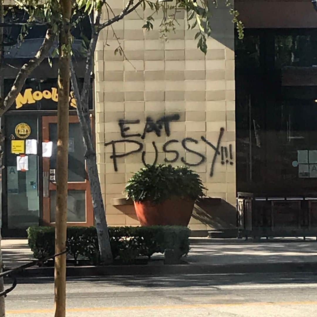 ケヴィン・スミスのインスタグラム：「Life imitates art! The other morning, a hardcore fan tagged the wall outside the @moobyspopup with #clerks2 accurate graffiti! Fitting as fuck, considering this is our last week in #losangeles. Many thanks to everybody who came out or ordered and made it such a great success! For a minute, #moobys was a fun summer distraction from the pandemic. Tomorrow is the last day to visit the #weho location, but we’ll still be doing delivery orders for a week after that before we close our doors forever and seek our bovine fortunes elsewhere on the map! No matter where we Bank on opening in the near future, you’ll still be able to order a Mooby Meal Kit anywhere in the U.S. via @goldbelly (order at the link in my bio). Huge thanks to @heyitsderekberry and his @savedbythemax crew for making Mooby’s a reality in #california! Can’t wait to see what New location we pop-up in next! #KevinSmith #moobys #moobyspopup」