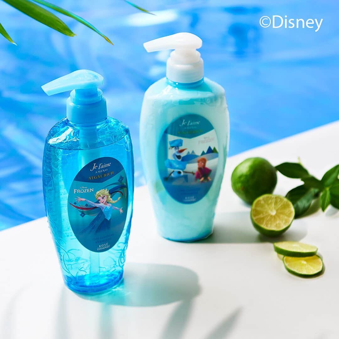 ジュレーム[Je l'aime] のインスタグラム：「・ 限定Disneyデザインのシャンプー・トリートメント フルボトル（各500ml）のペアセット 夏季限定のクールレモネード（COOL LEMONADE）が発売中🍋！！ ・ COOL LEMONADE＊＊＊＊アナと雪の女王 ・ from Jelaime AMINO ALGAE RICH ・ ■18種のアミノ酸*配合！深刻ダメージも瞬感補修 髪の内側も外側もアミノ補修。特に傷んだ髪も毛先までツヤめく髪へ  ■厳選された海の成分でパサつく毛先まで浸透保湿 高保湿マリンエッセンスGL配合。髪の芯やまとまらない毛先までしなやかに潤う  ＊アミノ酸・アミノ酸誘導体含む ・ #KOSE #コーセー #限定シャンプー #限定コスメ #限定ディズニーデザイン #jelaime #ジュレーム #リラックス #シャンプー #トリートメント #ヘアマスク #ヘアケア #style #hair #髪  #バスルーム #シャワー  #cool #おうちでエンジョイ #ディズニー #disney #frozen #アナと雪の女王 #プール #プールサイド#summer #夏休み  #アナ雪シャンプー #松本潤さん #相葉雅紀さん」