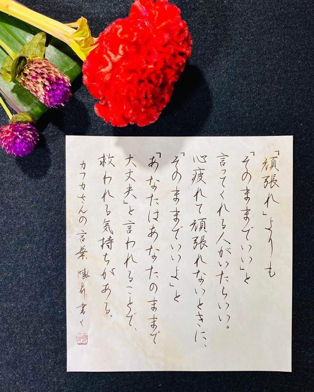 鈴木暁昇のインスタグラム：「* ◆そのままでいいよ。。。救われる言葉。 * 爽やかな花を添えて。少しでも癒しの時間を。 * カフカさんの言葉 * It would be nice if there were some people who said, "Is it as it is" rather than "Do your best". When I'm tired and can't do my best, I'm feeling saved by being told "It's okay" and "You're okay as you are." I'm sorry for my poor English. * * @bloomeelife 様で初回のお花お届けが✨無料✨になる▼▼クーポンコード▼▼。大変お得ですのでお早めに✨ ■クーポンコード：suzuki ■有効期限：2020年8月31日 * お花は確りととパックされてポストに届きます。パカっと開けるとステキな花が飛び出します。ポスト投函でも枯れない工夫もされています。 * *** *** *** *** *** *** * * #書道 #鈴木曉昇 #和 #wabisabi #calligraphy #筆文字 #artistic #硬筆 #ペン字 #beautiful #chinesecalligraphy #japanesecalligraphy #墨 #sumi #書法 #japan #手書き #美文字 #手書きツイート #オリンピック #Olympic #japaneseculture #日本 #chineseculture #書道パフォーマンス #bloomeelifeはじめました」
