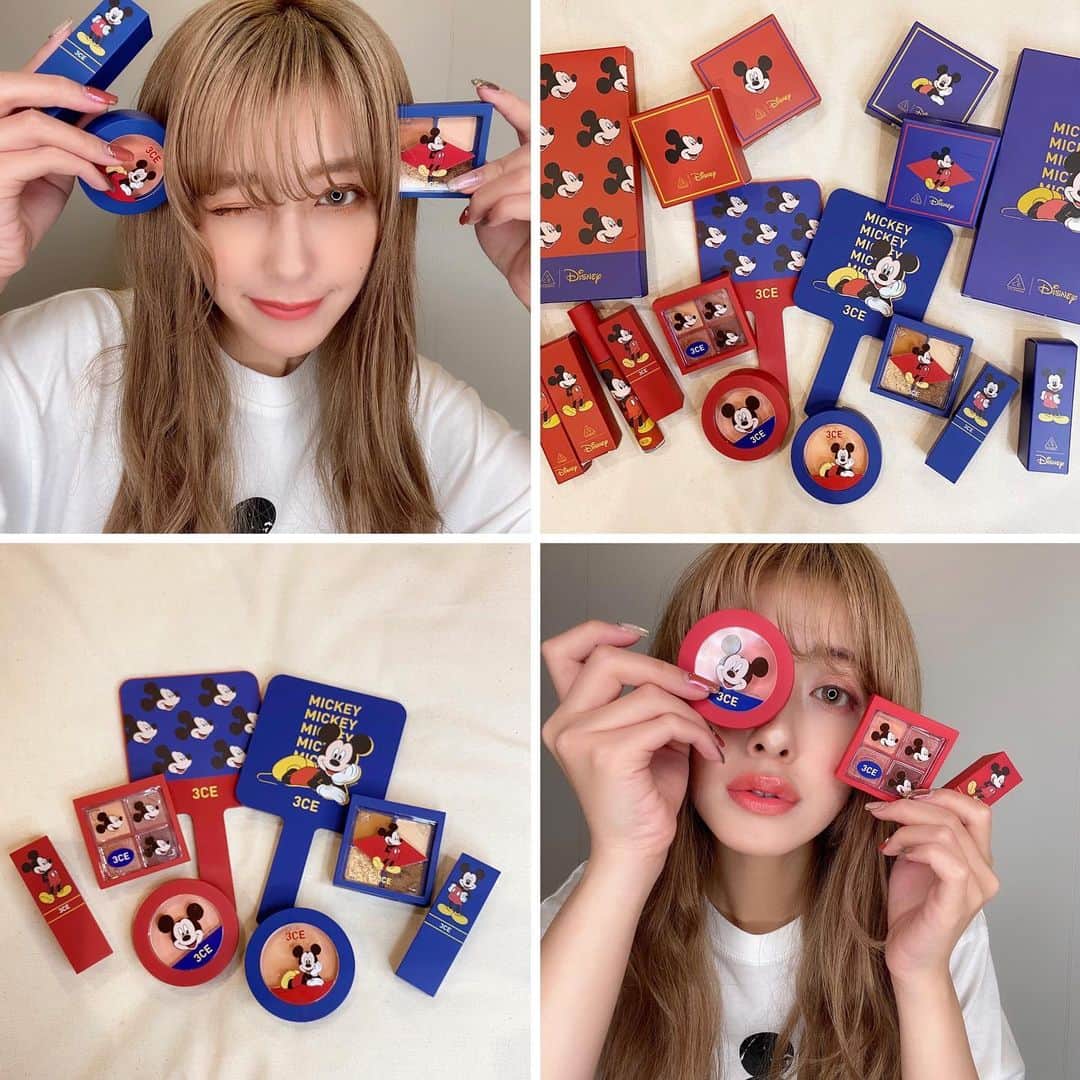 のインスタグラム：「Disney×3ce×stylenandaのコラボcosme🐭✨﻿ ミッキーマウスデザインの「DISNEYコレクション」が8月4日に発売になったので早速使ってみました♡﻿ ﻿ Boxもパケもヴィンテージ感あってかわいい〜！！！ アイシャドウ・リップ・チーク、どれもパケはレッド/ブルーの2色で展開されています🔴🔵﻿ この前のディズニーランドに行った日も、もちろんDisneyコレクションメイクしてました🏰🐭💫﻿ ﻿ まずはアイシャドウ「3CE MINI MULTI EYE COLOR PALETTE」﻿ 🔴#SIDEBYSIDE ｛led・pink系｝/🔵#ALMONDFUDGE ｛brown・orange系｝﻿ 4色パレットになっていて捨て色無しの普段メイクで使いやすいカラー！﻿ マットに仕上げたり、華やかにしたい日はザクザクなラメを使うとキラキラした目元になってかわいい✨﻿ ﻿ リップ「3CE LIP COLOR」﻿ 3CEのリップは昔から使ってるけど、発色を長時間キープしてくれる所が良い👍🏻﻿ 安定のマットに仕上がる感じですき〜♡﻿ 🔴#232 ピンク〜オレンジっぽい絶妙な色味で顔色良く見せてくれます🍊﻿ 🔵#233 コーラルピンクぽい感じ、ナチュラル気分の日はポンポンって軽く唇にのせるだけでかわいいです🍑﻿ ちなみにティントもあって、ティントはオンラインでgetできます👐🏻﻿ 私は赤パケをgetしました♡﻿ ﻿ チーク「3CE FACE BLUSH」﻿ 🔴#PURECAKE 🔵#PEACHSPLASH  血色あふれるメイクを演出してくれるitem♡﻿ どちらもナチュラルカラーでかわいかったです⛲️﻿ 濃いめに発色させたい方は何度か重ね塗りが必要！﻿ ﻿ ミラー「3CE SQUARE MINI HAND MIRROR」﻿ 🔴🔵2色展開‼︎﻿ mickey item使ってると気分もあがるよね〜🐭🧡﻿  #みやフク mickeyTシャツ👕 こちらもstylenanda×Disneyコラボ商品だよ🐭  TikTokでもUPしてます♡   @disney  @3ce_official  @stylenanda_japan  @stylenanda_korea  @stylenandathailand_official」