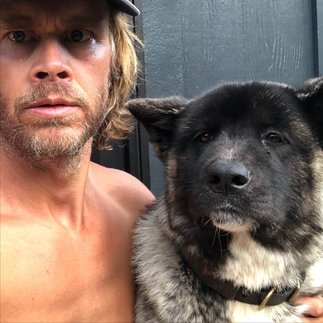 エリック・クリスチャン・オルセンのインスタグラム：「I coulda used @aspentheakita in the parking lot behind the ice arena in 9th grade when that dude with the tinted Itech shield beat me up. This dog will straight hard stare you to death. #rideordiepuppy #direwolf #femalepower」