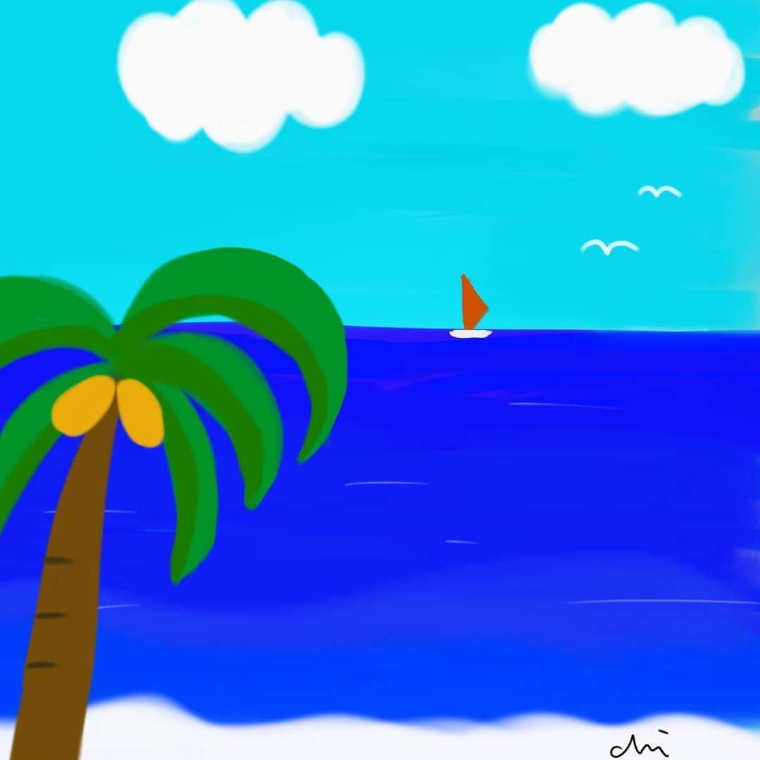 千秋さんのインスタグラム写真 - (千秋Instagram)「心の中にいつもある海を描いてみました（どうしても80年代風）🎨 描いてみたはいいけど、想像してるのはこんなんじゃないけど。  ハローサーカス @hellocircus777 アカウントに落書きをひとつずつ載せています🍓🍒🧸笑える程下手でもなく載せるほど上手くもない中途半端なんだけど概ね好評で嬉しい😆 もし良かったら見てね。光の速さでもっと上手くなるから！誰かイラストの基本、教えて欲しい。  #海の絵 #千秋落書き #🏝 #千秋80年代コレクション」8月16日 12時03分 - chiaki77777