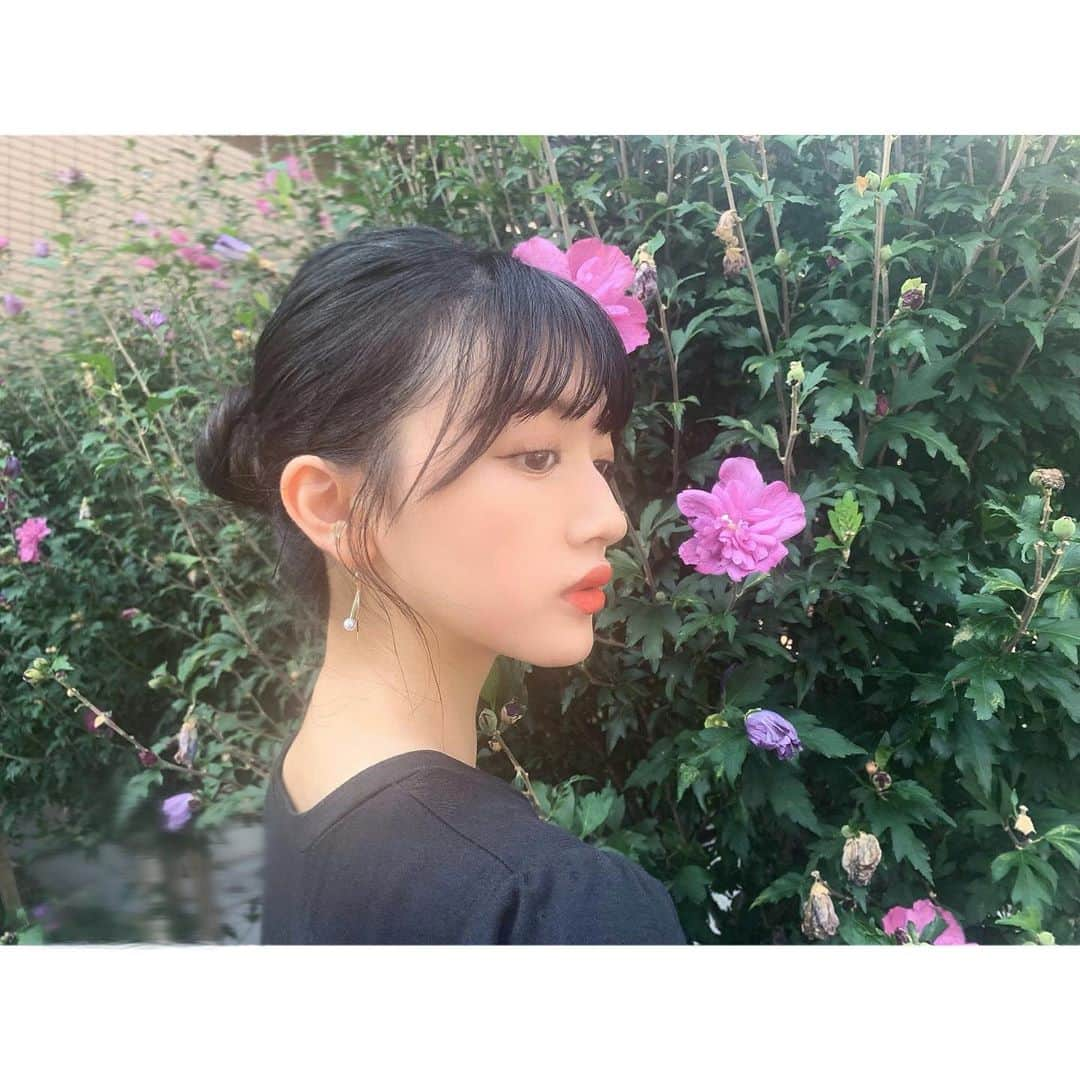 桃さんのインスタグラム写真 - (桃Instagram)「﻿  ﻿ お花咲いてた！可愛い〜、☺︎  滅多にしないお団子ヘアしてみた🍡」8月16日 21時45分 - momo.1121_