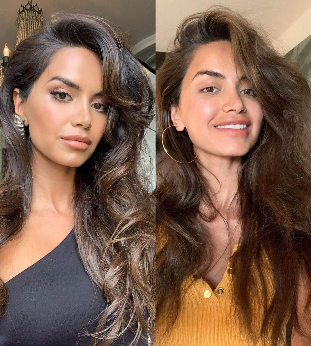 Diipa Büller-Khoslaのインスタグラム：「Hair & makeup done VS Air-dried hair and no makeup. - Are you a glam makeup loving girl or skincare (& no makeup) loving girl?」