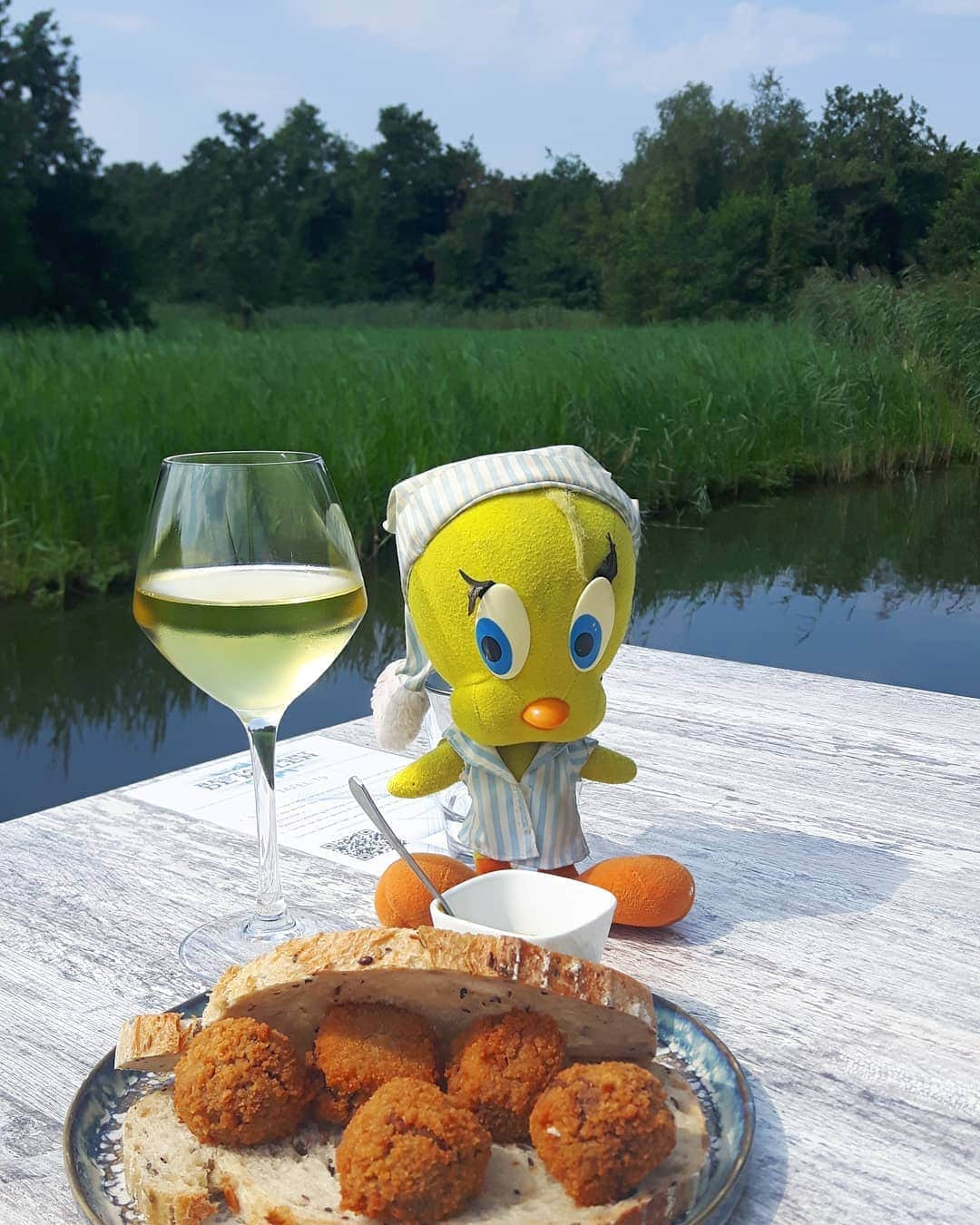 Little Yellow Birdさんのインスタグラム写真 - (Little Yellow BirdInstagram)「Lazy Sunday lunch, and not too shabby either: tartufo bitterballs on sour dough, a gorgeous terrace, nice cool drink...perfect!! #littleyellowbird #tweety #tweetykweelapis #adventures #yellow #bird #weekend #sunday #lunch #food #restaurantdemolen #ankeveen #water #bluewater #bluesky #bitterballen #whitewine #sun #summer #stuffedanimalsofinstagram #plushiesofinstagram」8月16日 21時57分 - tweetykweelapis