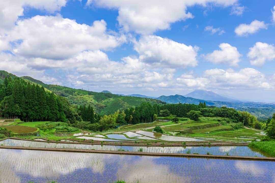 鹿児島よかもん再発見のインスタグラム：「鹿児島市郡山町の八重の棚田へ(^-^)/  昨年秋の収穫期以来の訪問  撮影時と少しタイムラグがあるので、現在、稲は青々と育っています。  #鹿児島 #鹿児島観光 #鹿児島市 #かごなつ２０２０  #郡山町 #八重の棚田 #棚田 #桜島 #鹿児島の風景 #鹿児島の自然 #japan #kagoshima #kagoshimaphotograph」
