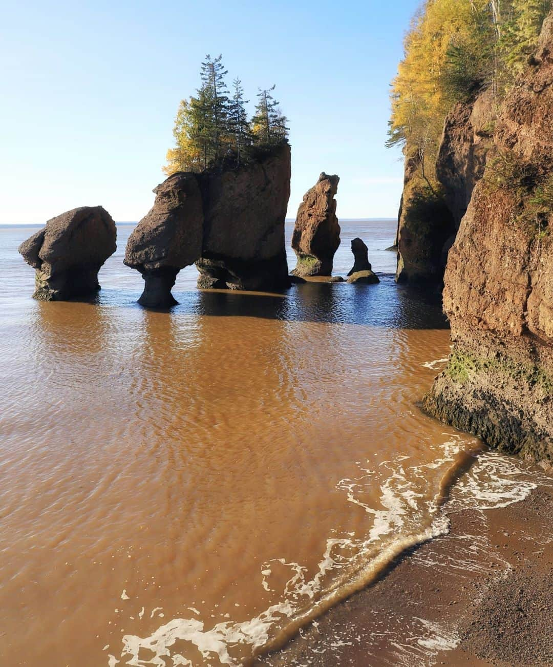 Rich McCorさんのインスタグラム写真 - (Rich McCorInstagram)「Ad| What feels abouts two centuries ago, but in reality was two years ago, I was exploring Canada's New Brunswick and spent a day driving alongside the Bay of Fundy between Moncton and Fundy National Park. There's a number of things I'd recommend stopping for (the abandoned trains in Hillsborough and the lobster rolls in Alma) but the place that you definitely can't passby is Hopewell Rocks. Well really you should stop twice, once on the way down and again on the way up because the bay is tidal so you'll get a different perspective at different times, especially when the tide is down as you can walk on the seabed and get up close to the gigantic rock formations. ⁣⁣ ⁣⁣ The Bay of Fundy is also home to all sorts of wildlife such as Puffins (I ought to say my image is not to scale, don't expect to see gigantic Puffins) but you can expect to see pretty big Whales and Moose and there are reasonably sized Bears around too. Speaking of bears, in the third photo can you spot the rock that sort of looks like a Bear standing up and turning around to look at you?⁣⁣ ⁣⁣ @DestinationNB #ExploreNB」8月16日 23時25分 - paperboyo