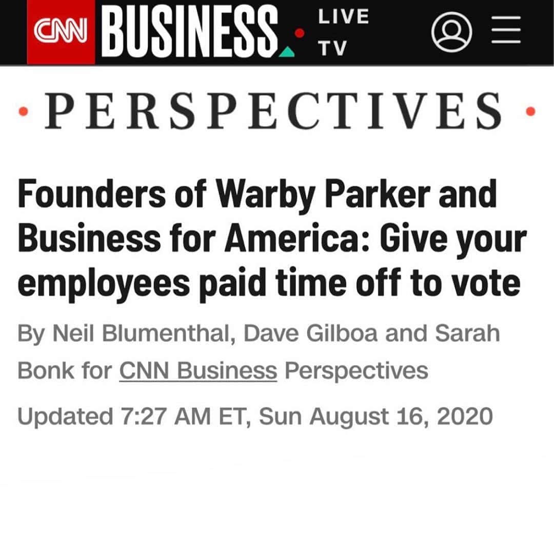 Warby Parkerのインスタグラム：「In a @cnnbusiness op-ed co-authored with Business for America founder Sarah Bonk, our co-founders and co-CEOs @neilblumenthal and @davegilboa are asking business leaders across America to join us in ensuring all employees are able to exercise their right to vote, and have the proper tools and means necessary to do so. Visit the link in our bio to learn more about why we feel it’s our duty as members of the business community to take action to safeguard the democratic process.」