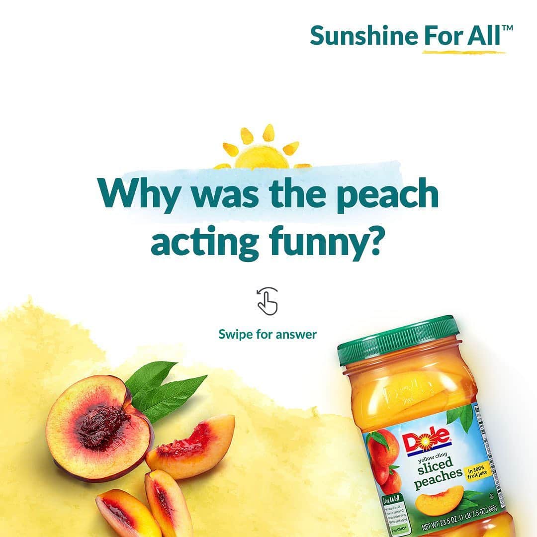 Dole Packaged Foods（ドール）さんのインスタグラム写真 - (Dole Packaged Foods（ドール）Instagram)「It’s National #TellAJokeDay and our jokes are peachy. Think you can top it? Tell us your best family-friendly joke in the comments.」8月17日 1時25分 - dolesunshine